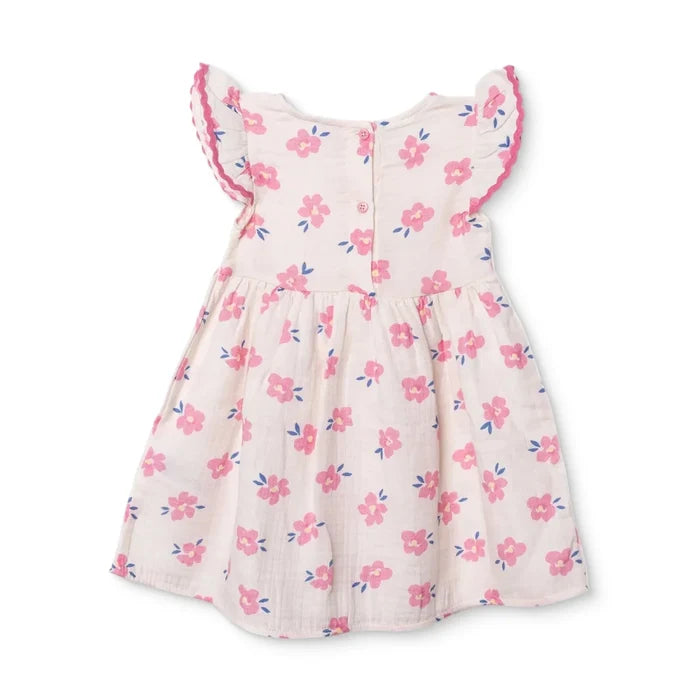 HelloBaby Girls Dress Floral Print Ditsy Flower Crew Neck Short Sleeve - Ecru Printed Ecru Printed - ebebek