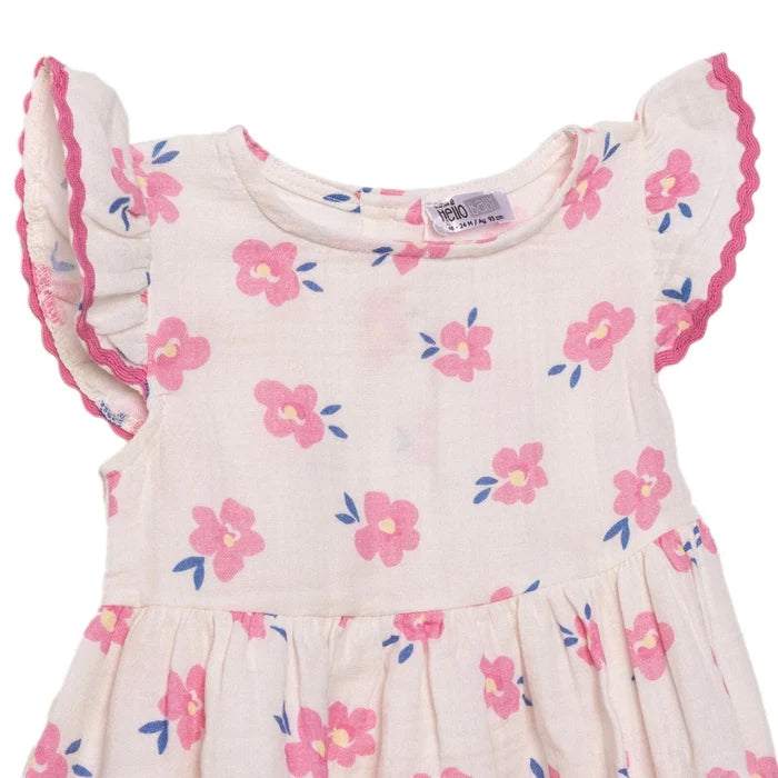 HelloBaby Girls Dress Floral Print Ditsy Flower Crew Neck Short Sleeve - Ecru Printed Ecru Printed - ebebek