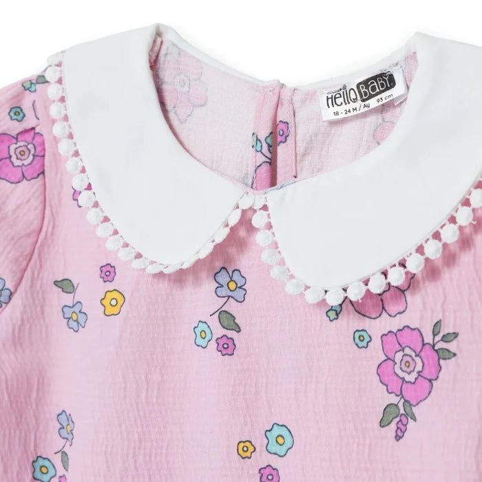 HelloBaby Girls Dress Floral Print Flower Garden Shirt Collar Short Sleeve - Pink Printed Pink Printed - ebebek
