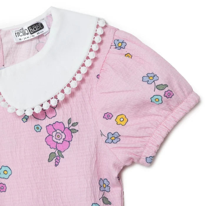 HelloBaby Girls Dress Floral Print Flower Garden Shirt Collar Short Sleeve - Pink Printed Pink Printed - ebebek