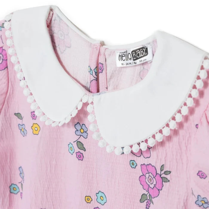 HelloBaby Girls Dress Floral Print Flower Garden Shirt Collar Short Sleeve - Pink Printed Pink Printed - ebebek