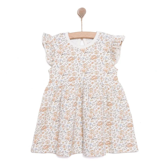 HelloBaby Girls Dress Flower with Poppers Crew Neck Short Short Sleeve - Ecru Printed Ecru Printed - ebebek