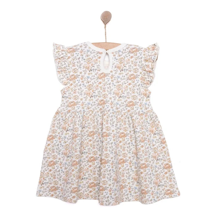 HelloBaby Girls Dress Flower with Poppers Crew Neck Short Short Sleeve - Ecru Printed Ecru Printed - ebebek