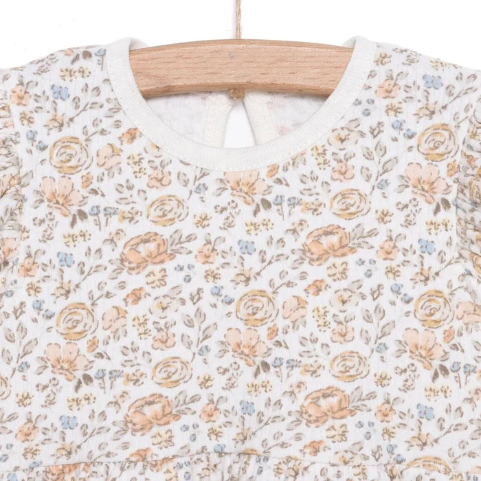 HelloBaby Girls Dress Flower with Poppers Crew Neck Short Short Sleeve - Ecru Printed Ecru Printed - ebebek