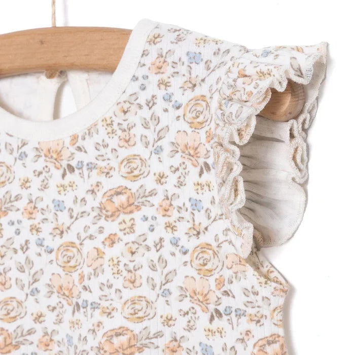 HelloBaby Girls Dress Flower with Poppers Crew Neck Short Short Sleeve - Ecru Printed Ecru Printed - ebebek