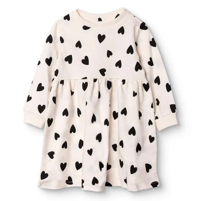 HelloBaby Girls Dress Heart Crew Neck Long Sleeve - Ecru Printed Ecru Printed - ebebek