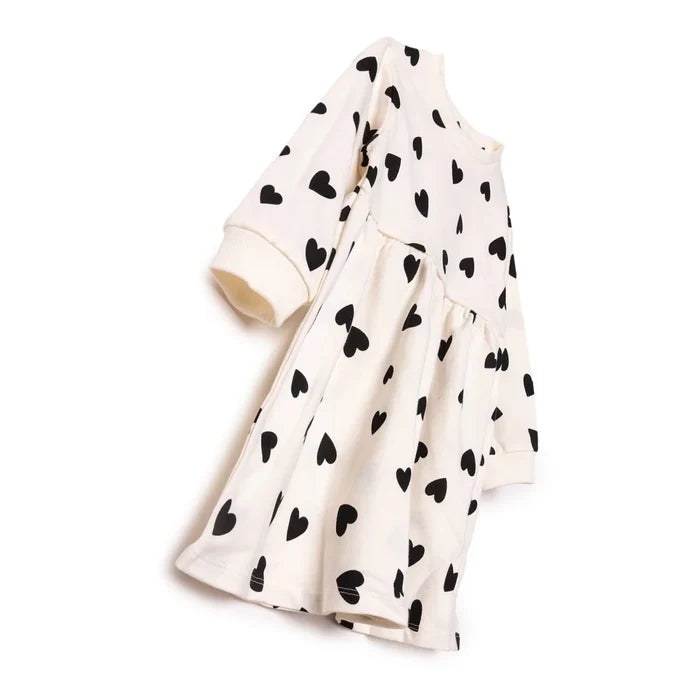 HelloBaby Girls Dress Heart Crew Neck Long Sleeve - Ecru Printed Ecru Printed - ebebek