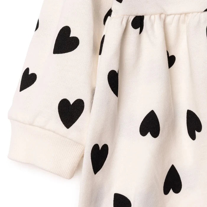 HelloBaby Girls Dress Heart Crew Neck Long Sleeve - Ecru Printed Ecru Printed - ebebek