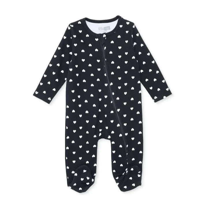 HelloBaby Girls Footed Sleepsuit Heart Print Zip Fastening Crew Neck Full Length Long Sleeve - Black Black - ebebek