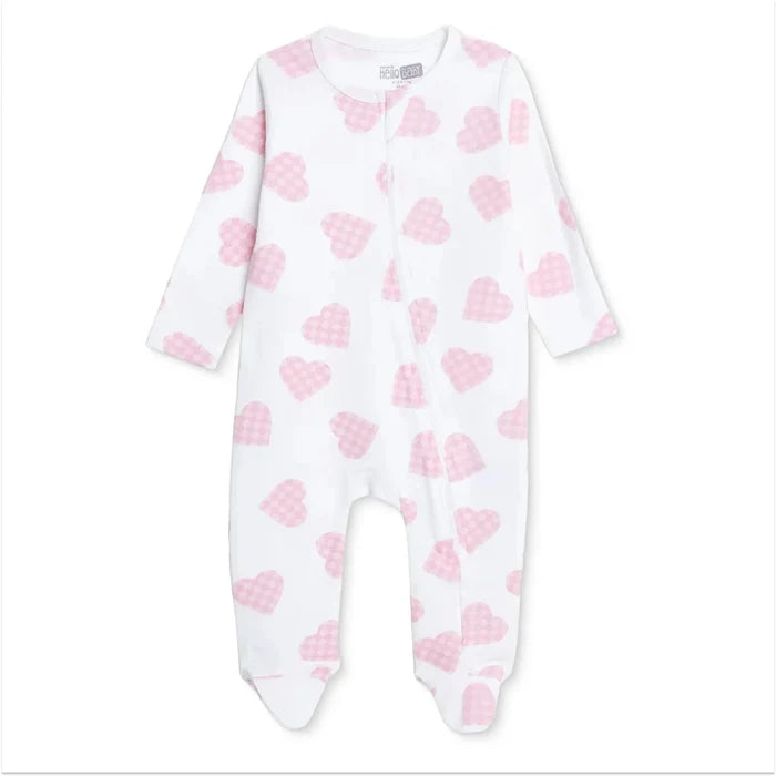 HelloBaby Girls Footed Sleepsuit Heart Print Zip Fastening Crew Neck Full Length Long Sleeve - Ecru Printed Ecru Printed - ebebek