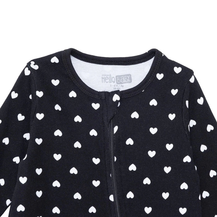 HelloBaby Girls Footed Sleepsuit Heart Print Zip Fastening Crew Neck Full Length Long Sleeve - Black Black - ebebek