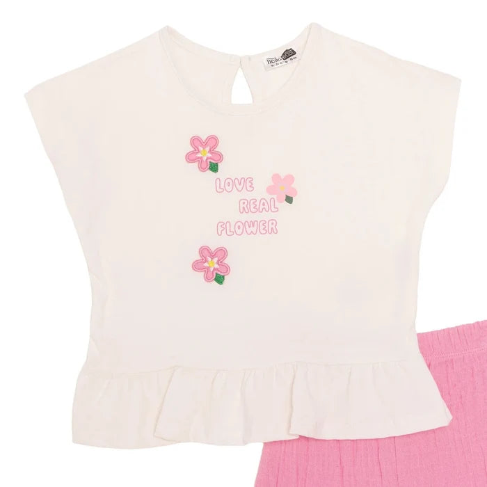 HelloBaby Girls T-shirt & Shorts Set Floral Print Ditsy Flower Crew Neck Short Length Short Sleeve - Ecru Ecru - ebebek