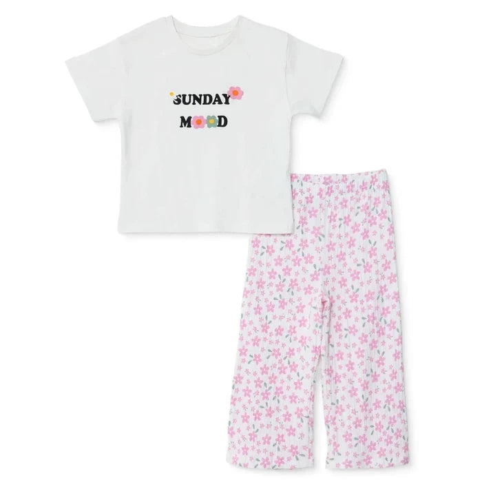 HelloBaby Girls T-Shirt & Trousers Set Text Print Flower Garden Crew Neck Full Length Short Sleeve - Ecru Ecru - ebebek