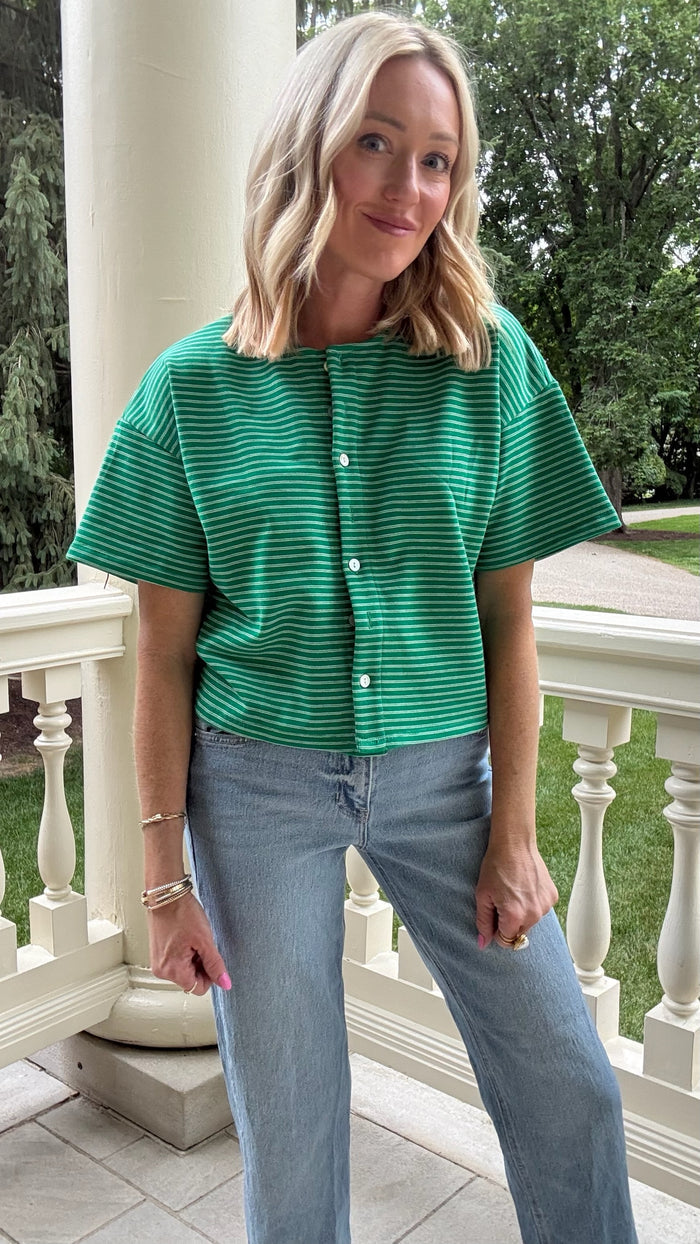 Julie Boxy Striped Button Knit Top