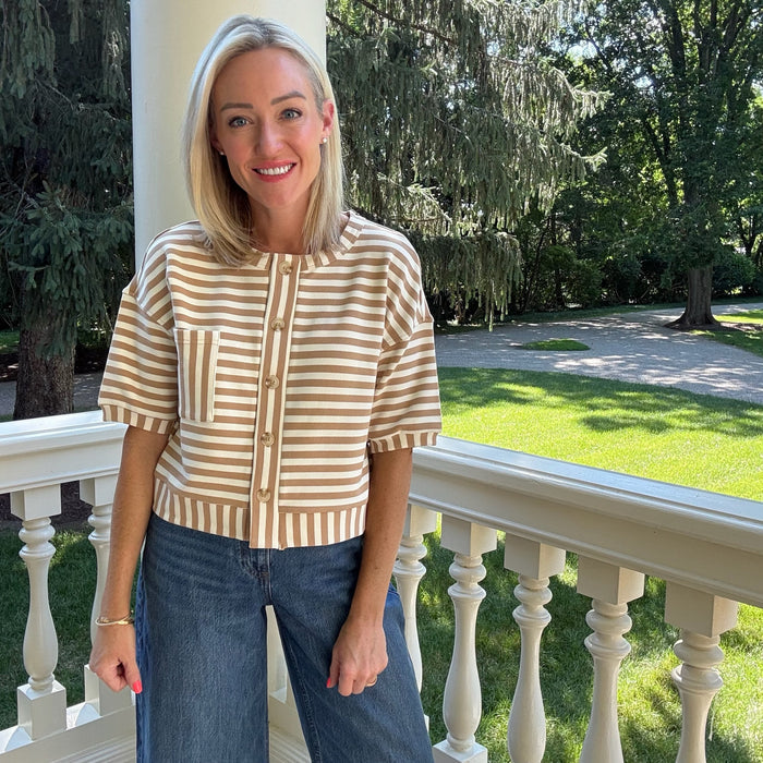 Julie Stripe Button Knit Top - Khaki