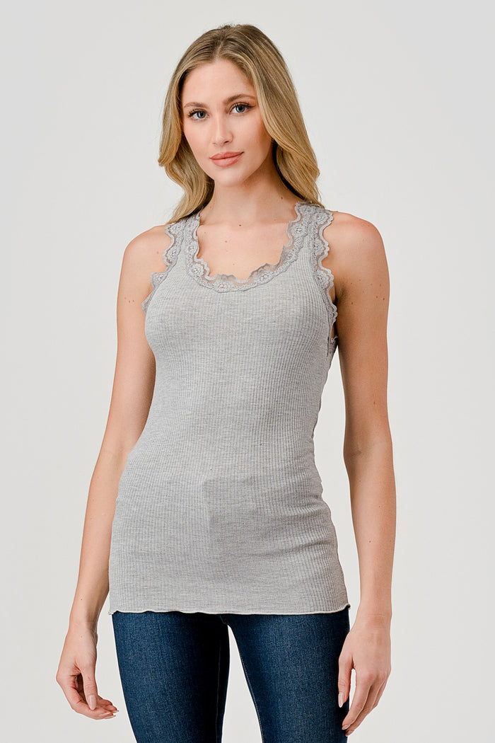 Michelle Lace Ribbed Tank - Heather Grey