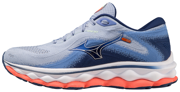 Mizuno Women's Wave Sky 7 - Blue Henon/Silver/Neon Flame
