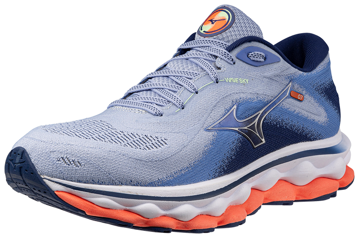 Mizuno Women's Wave Sky 7 - Blue Henon/Silver/Neon Flame