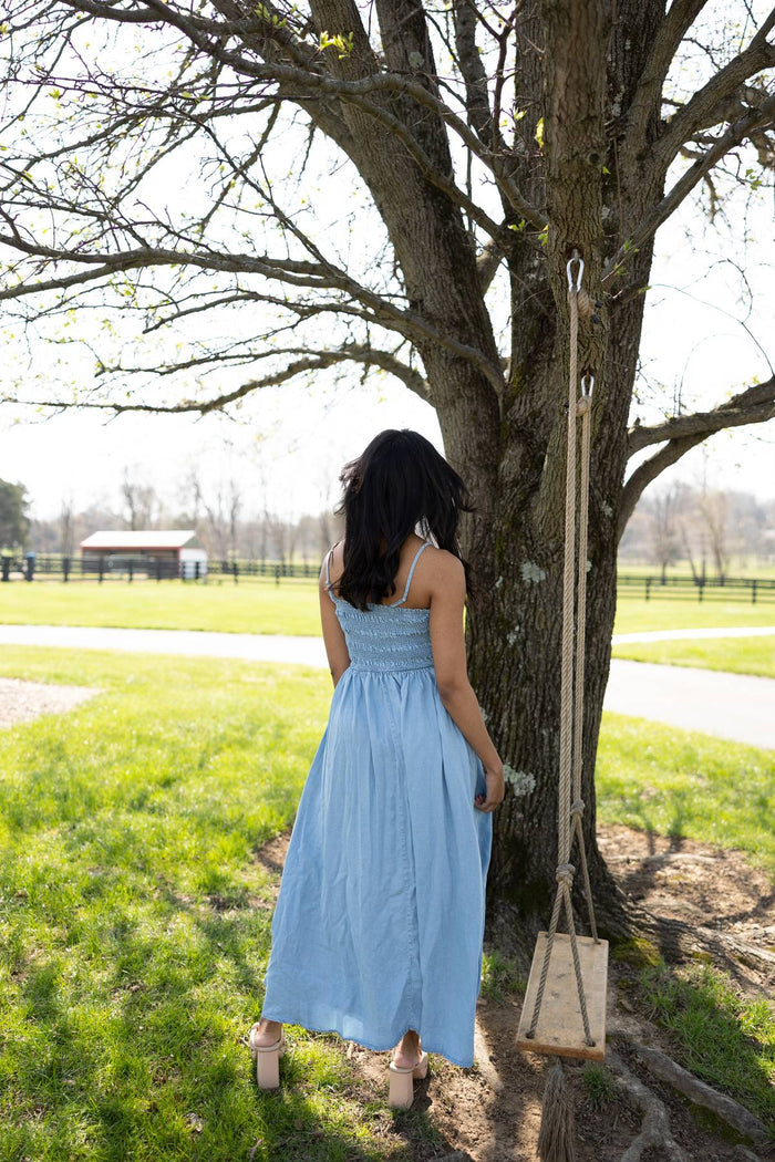 Selene Tencel Denim Smocked Pocket Midi Dress