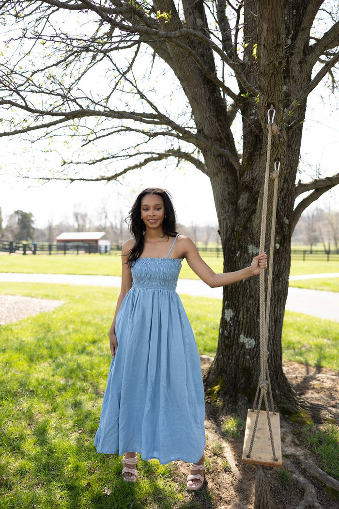 Selene Tencel Denim Smocked Pocket Midi Dress