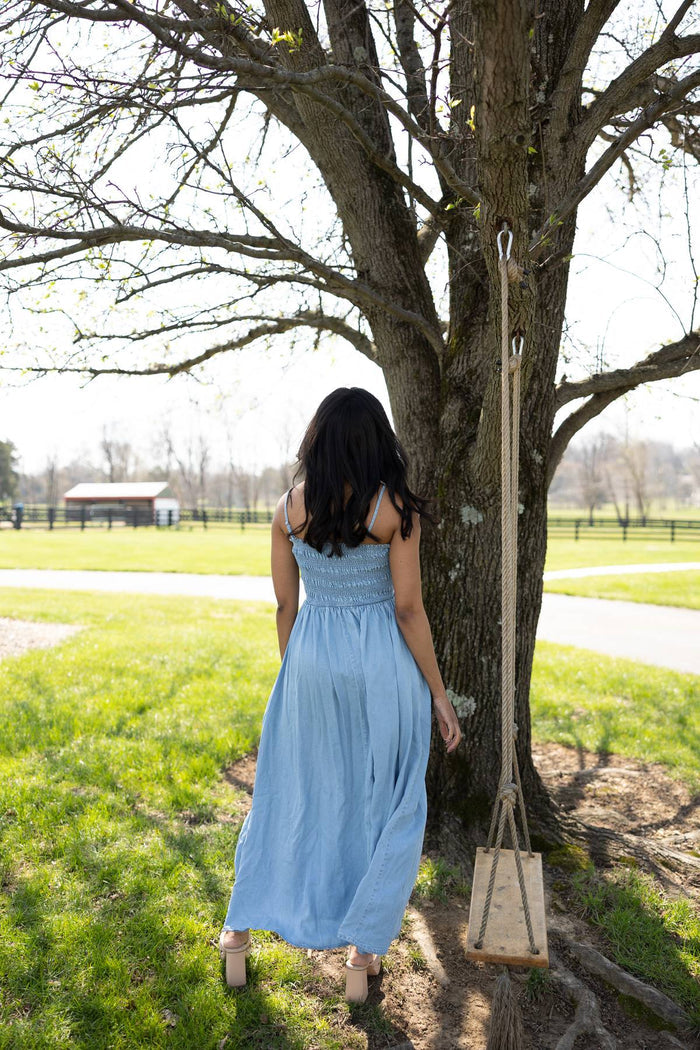 Selene Tencel Denim Smocked Pocket Midi Dress
