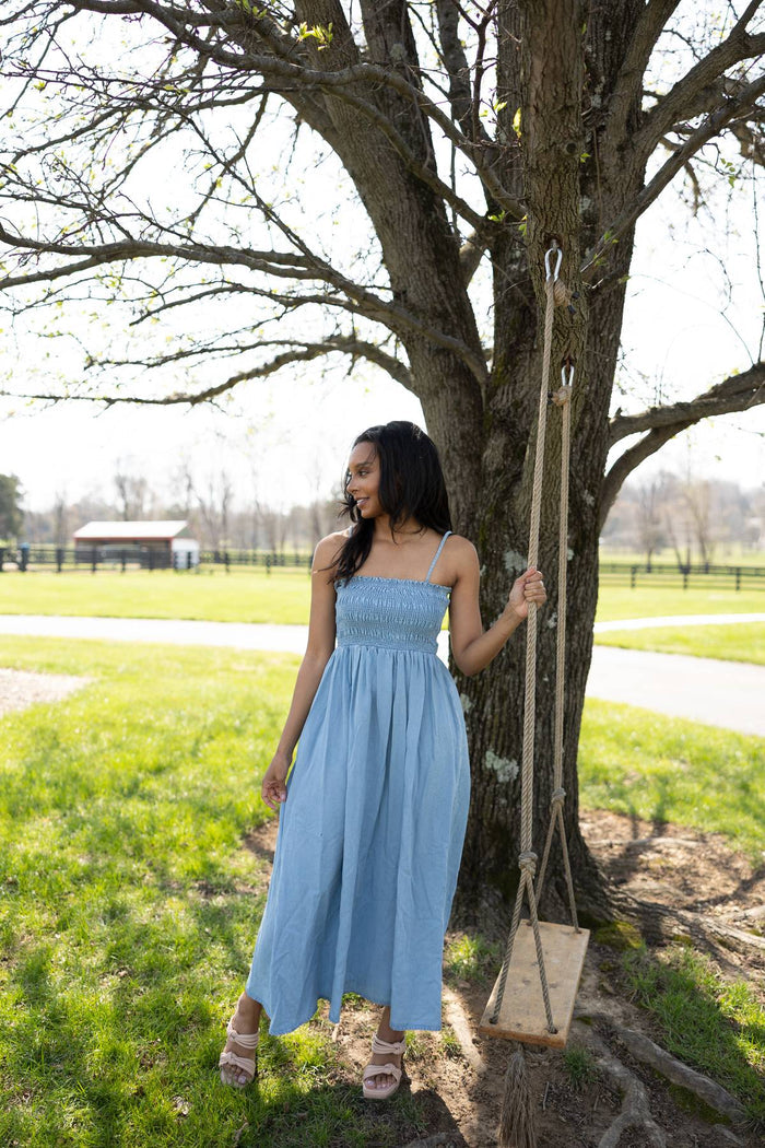 Selene Tencel Denim Smocked Pocket Midi Dress