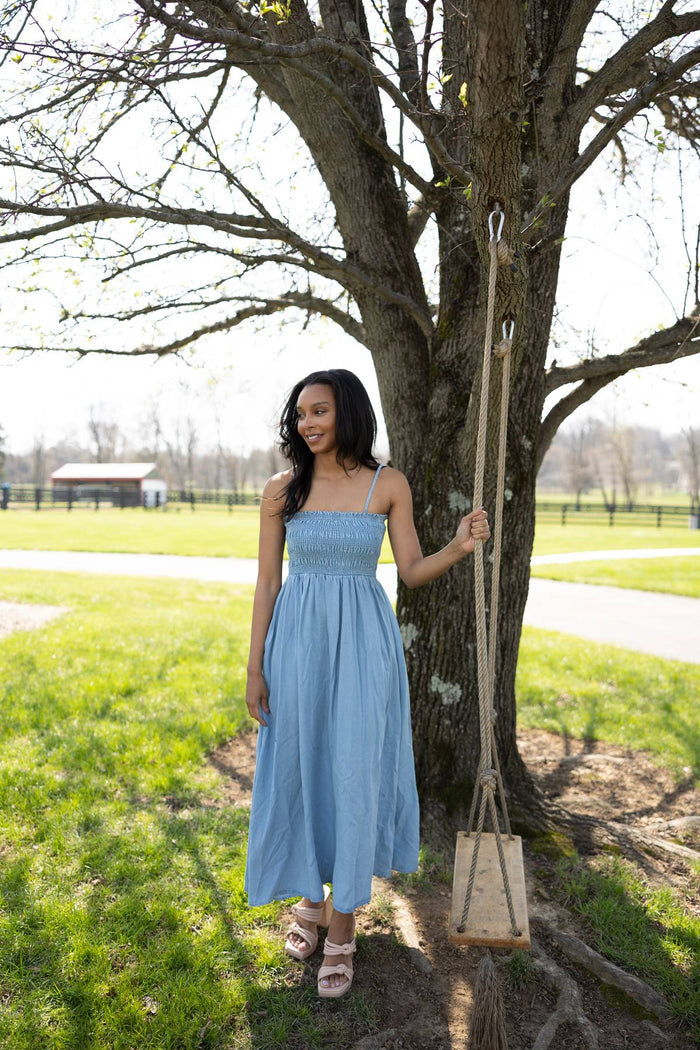 Selene Tencel Denim Smocked Pocket Midi Dress