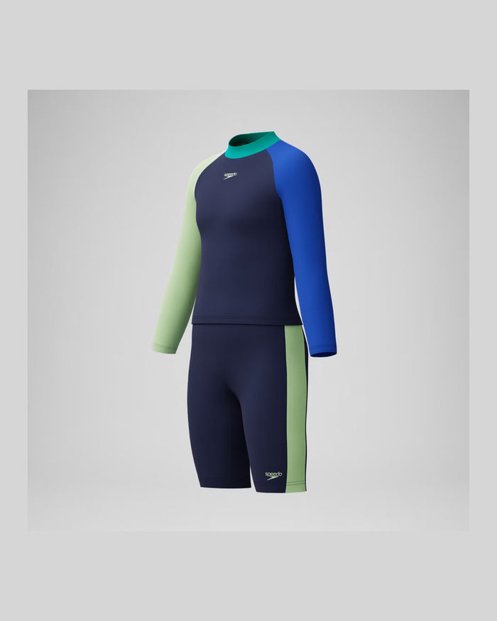 Speedo Junior's (M) Long Sleeve Colorblock Rash Guard&Jammer Set - Navy/Lt Green