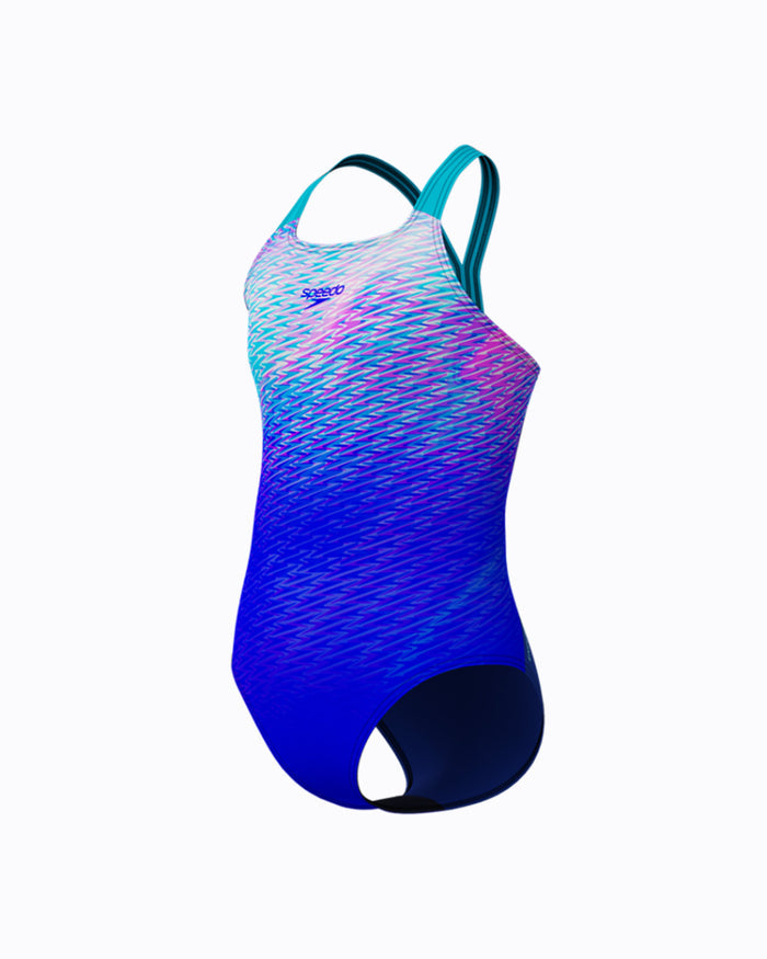 Speedo Junior's (W) ENG Print Powerback 1pc Swimsuit - Blue/Pink