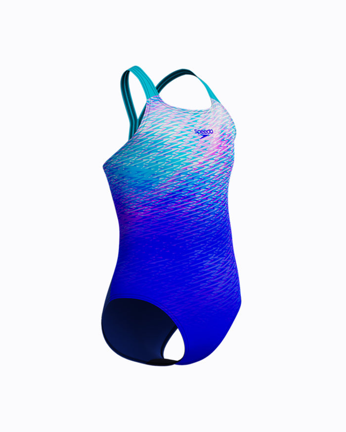 Speedo Junior's (W) ENG Print Powerback 1pc Swimsuit - Blue/Pink