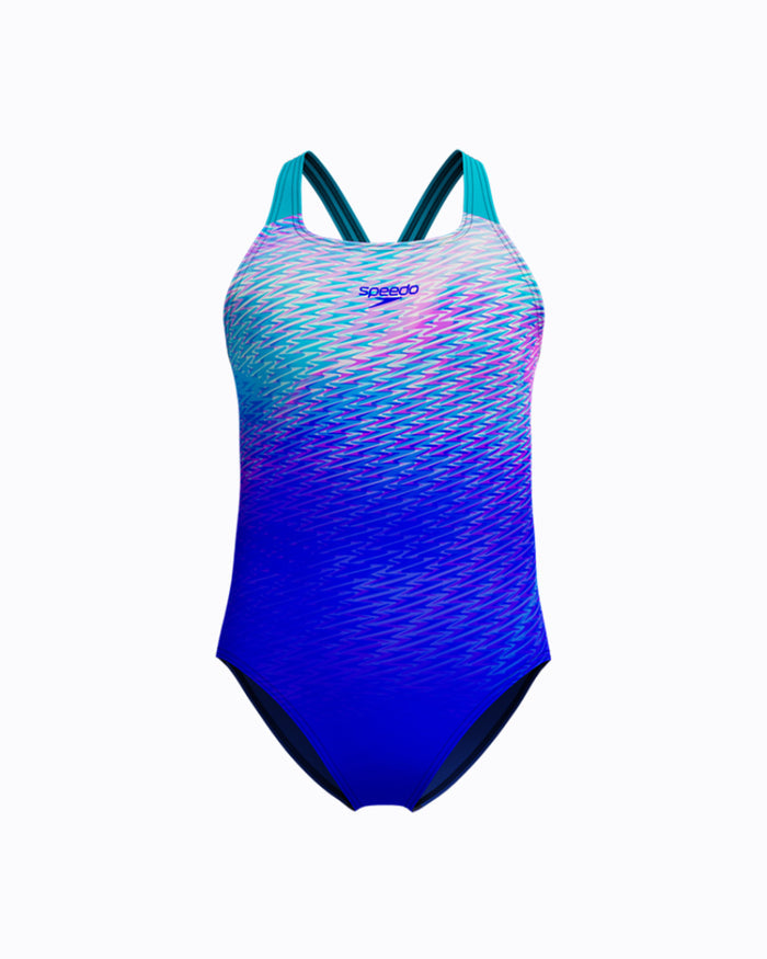 Speedo Junior's (W) ENG Print Powerback 1pc Swimsuit - Blue/Pink