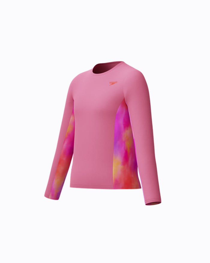 Speedo Junior's (W) L/S Print Splice Rash Guard - Pink/Orange