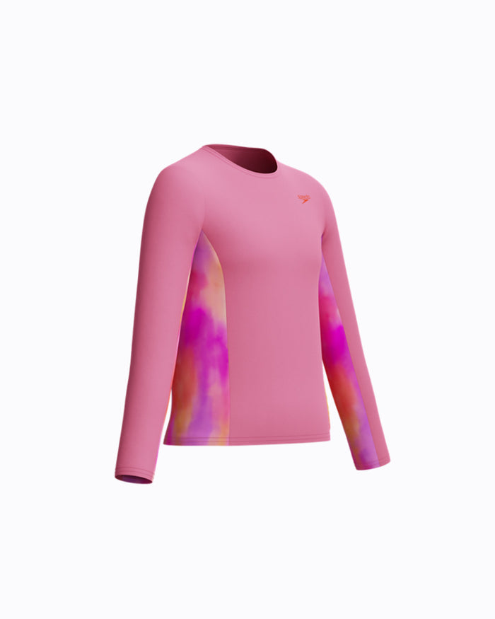 Speedo Junior's (W) L/S Print Splice Rash Guard - Pink/Orange