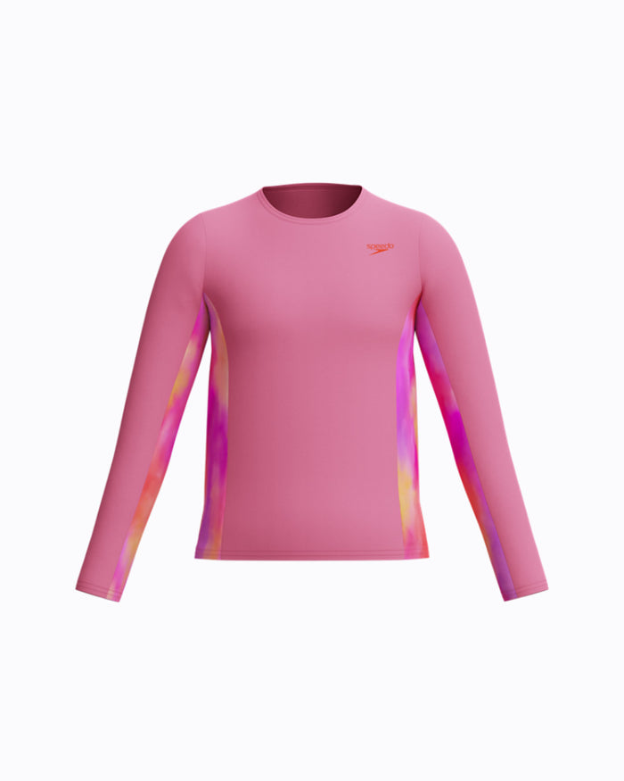 Speedo Junior's (W) L/S Print Splice Rash Guard - Pink/Orange