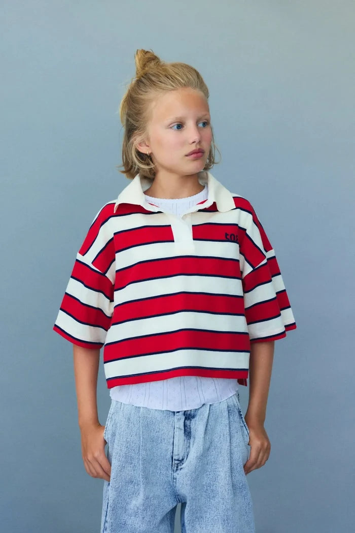 The New Society Acacia Teen Polo Tulip Red & Midnight Stripes