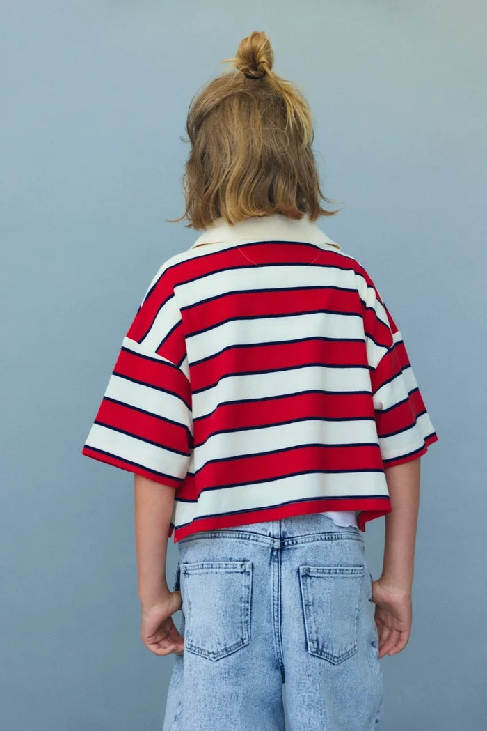 The New Society Acacia Teen Polo Tulip Red & Midnight Stripes