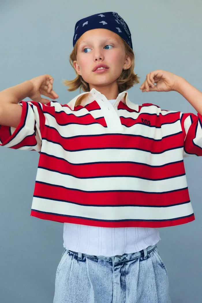 The New Society Acacia Teen Polo Tulip Red & Midnight Stripes